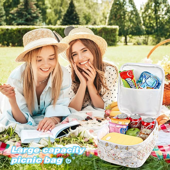Aileam Lunch Box Lunch Bag for Women Cute Girls Insulated Womens Lunch Bag For Work Quilted Large Capacity Reusable Insulated Cooler for Work School Picnic Travel Patchwork Flowers