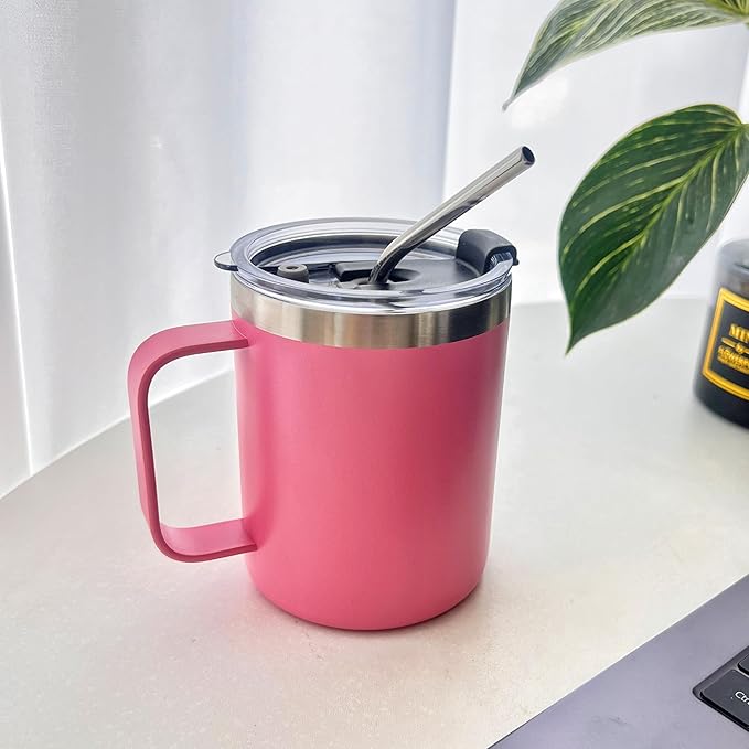 1pack 12oz Coffee Mug With Handle Bulk, Stainless Steel Insulated Travel Tumblers With,Double Wall Vacuum Camping Cup for Hot & Cold Drinks Tea (pink)