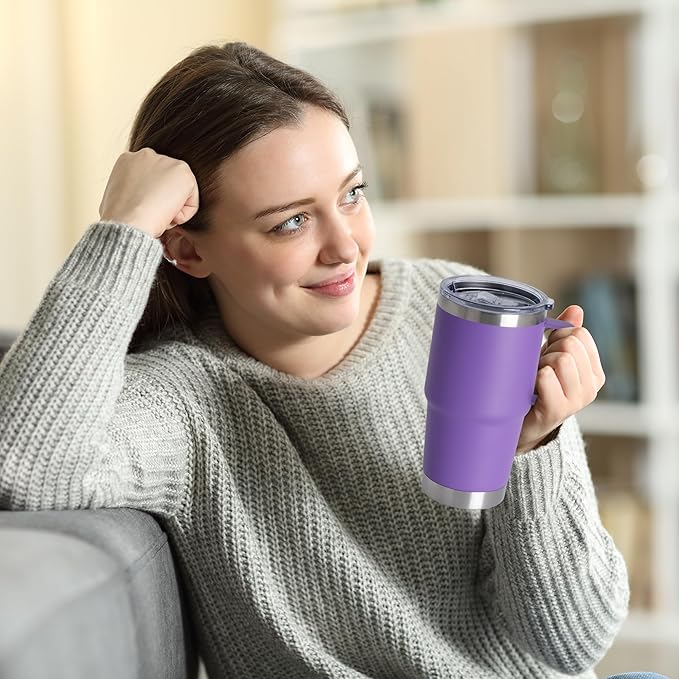 20oz Tumbler Bulk with Lid, Stainless Steel Tumbler Bulk with Handle, Metal Insulated Travel Coffee Mug Set with Handle, Double Wall Vacuum Leak Proof Tumbler Cup, Purple 6 Pack