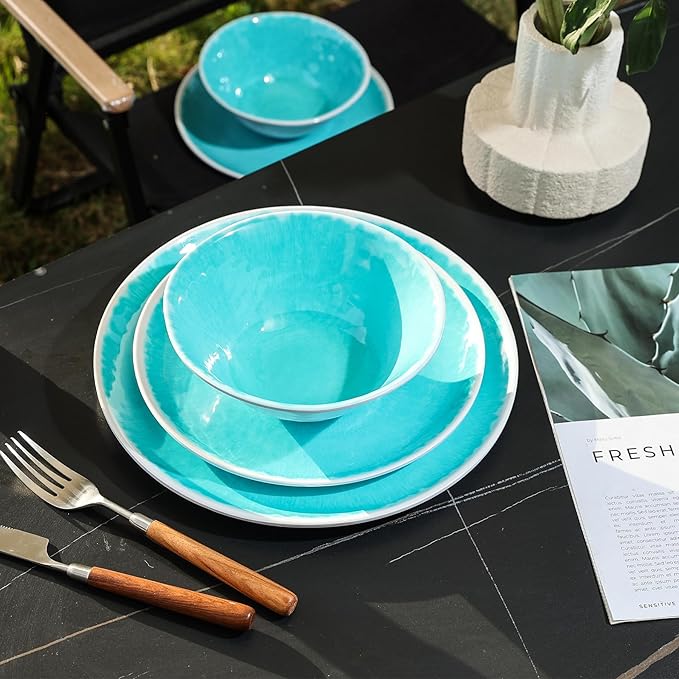 Melamine Dinnerware Sets 12 Pcs, Melamine Plates and Bowls,Party Plates and Bowls Sets, Camping Dishes Set for 4, Unbreakable, BPA Free, Dishwasher Safe (Lake Green)