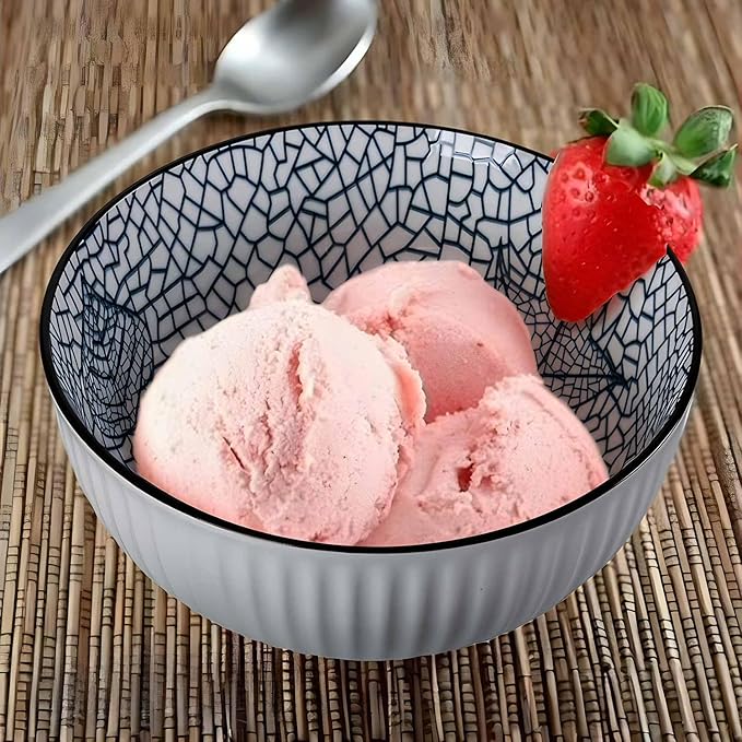 QINLANG 6 Inch Blue and White Porcelain 30 oz Bowls Set of 6 for Soup, Cereal, desserts, ice cream and Rice - Leaf Pattern