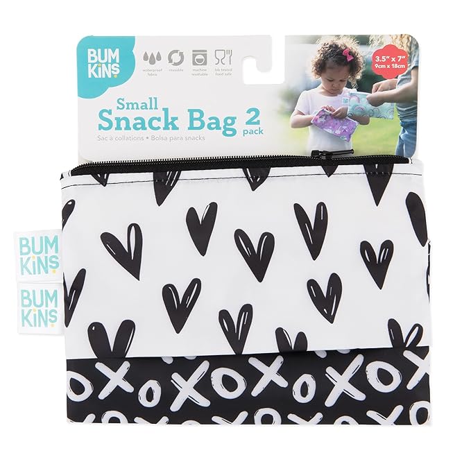 Bumkins Reusable Snack Bags, for Kids School Lunch and for Adults Portion, Washable Fabric, Waterproof Cloth Zip Bag, Supplies Travel Pouch, Food-Safe, 2-pk Hearts and XOXO