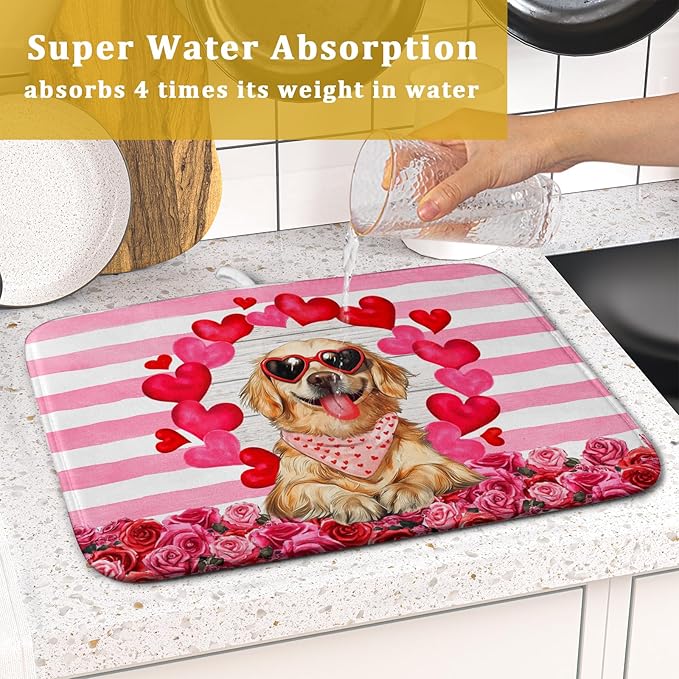 Valentine's Day Dog Dish Drying Mat for Kitchen Counter 16x18 inch Heart Rose Absorbent Dish Drainer Rack Mats for Coffee Bar Countertop
