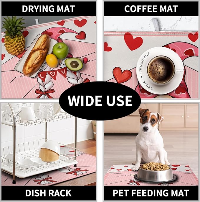 Valentine's Day Love Letter Dish Drying Mat for Kitchen Counter, Love Letter Gnome Absorbent Dish Pad Large Dish Drainer Mats for Countertop 18x24 Inch