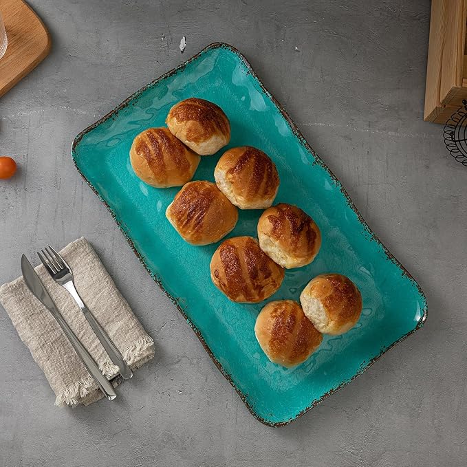 LEHAHA 12 Piece Vintage Melamine Dinnerware Sets Include 4 Dinner Plates, 4 Salad Plates and 4 Bowls Service for 4, Unbreakable Farmhouse Dishes and Bowls Suitable for Indoor and Outdoor Use Teal