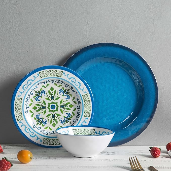 Melamine Dinnerware Sets 12 Pcs, Melamine Plates, Party Plates and Bowls Sets, Camping Dishes Set for 4, Unbreakable, BPA-Free, Dishwasher Safe (Green flowers)