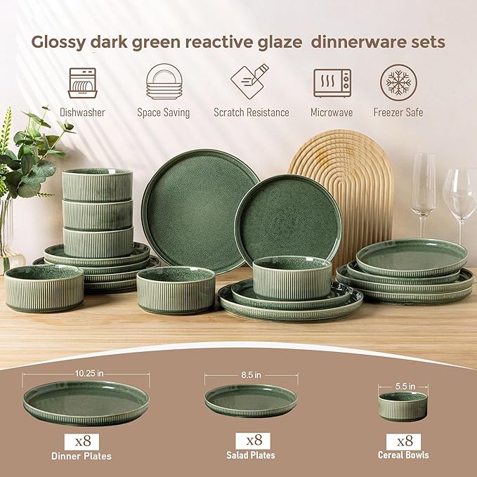 GBHOME Stoneware Dinnerware Sets for 8,Round Reactive Glaze Ceramic Plates and Bowls Set,Highly Scratch Resistant | Dishwasher & Microwave Safe Dishes Set,Service for 8(24Pcs)