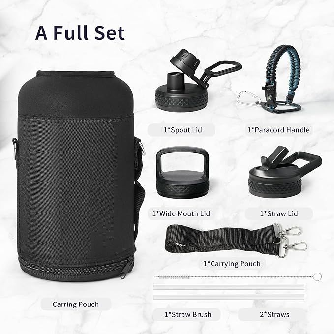 Trebo Water Bottle 64oz with Paracord Handle, Half Gallon Large Vacuum Double Wall Stainless Steel Insulated Water Jug with Holder Strap Straw Spout Lids, Leakproof Keep Cold & Hot, Indigo/Black