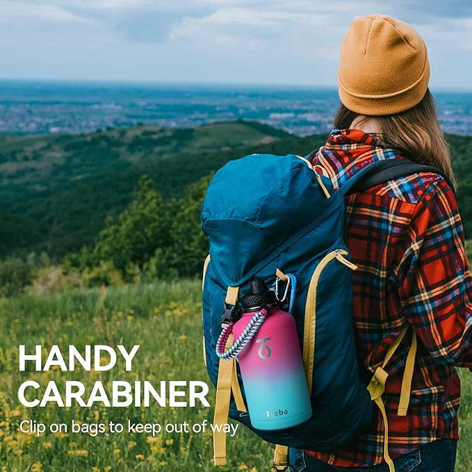 Trebo Insulated Water Bottle 64 oz, Half Gallon Metal Vacuum Water Jug with Paracord Handle and 3 Lids, Leakproof BPA-Free Flask for Gym Sports Hiking Travel, Keep Cold 48 Hours, Rose Red