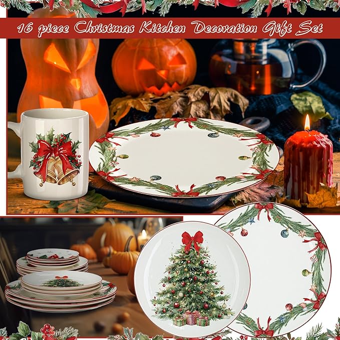 16 Pcs Christmas Tree Dishes Dinnerware Set for 4 Guest Holiday Dinner Plates Ceramic Vintage Christmas Salad Plates Red Bow Bowl Mug Serving Dishes Gift for Xmas Holiday Party Kitchen Decoration