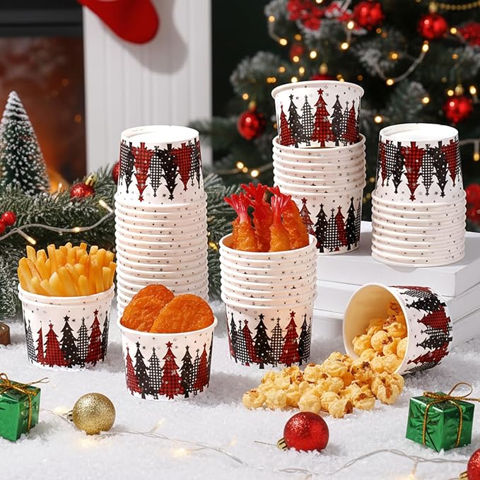 50 Pack Christmas Tree Treat Snack Cups Xmas Red and Black Buffalo Plaid Paper Ice Cream Cups 9 oz Disposable Dessert Bowls Soup Bowls for Hot or Cold Food Winter Xmas Holiday Party Supplies