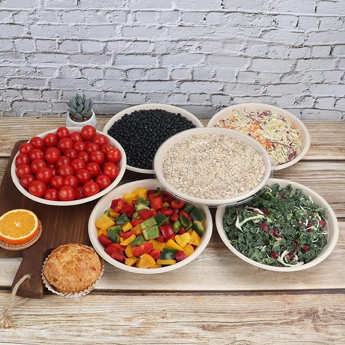 24 oz Round Disposable salad bowls with lids,Sugarcane Paper Bowls take away food containers Bagasse Plant Fibers 50 Pack