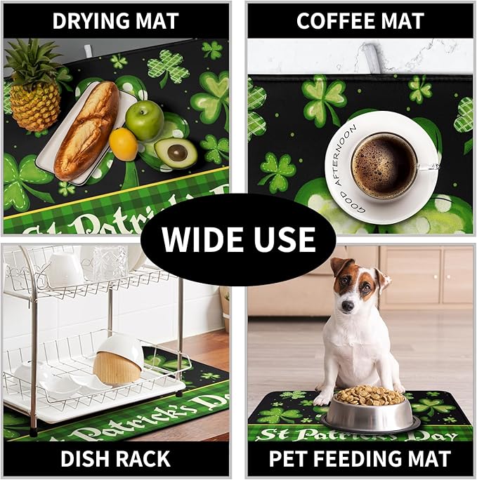 St Patrick's Day Dish Drying Mats for Kitchen Counter 16x18 Inch Lucky Clovers Shamrock Green Buffalo Plaid Drying Mat Microfiber Absorbent Dish Drying Pad Dish Drainer Rack Mats for Kitchen Sink