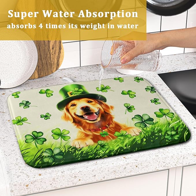 St Patrick's Day Dog Dish Drying Mat 16x18 inch Green Shamrock Dishes Pad Absorbent Microfiber Dish Drainer Mat for Kitchen Counter Coffee