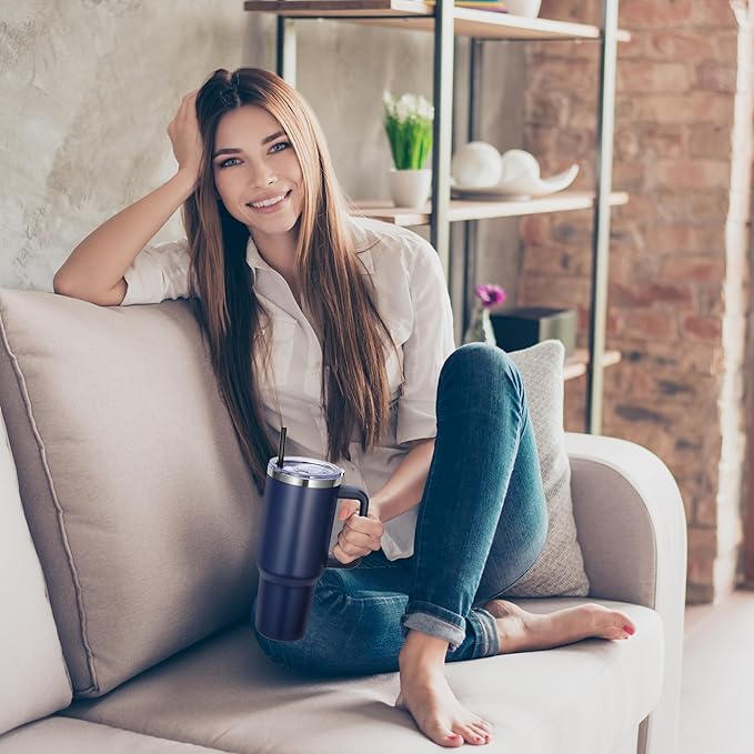 DOMICARE 40 oz Tumbler with Handle and Straw, Stainless Steel Tumbler with Lid and Straw, Reusable Vacuum Insulated Cup, Travel Coffee Mug, Navy Blue, 4Pack