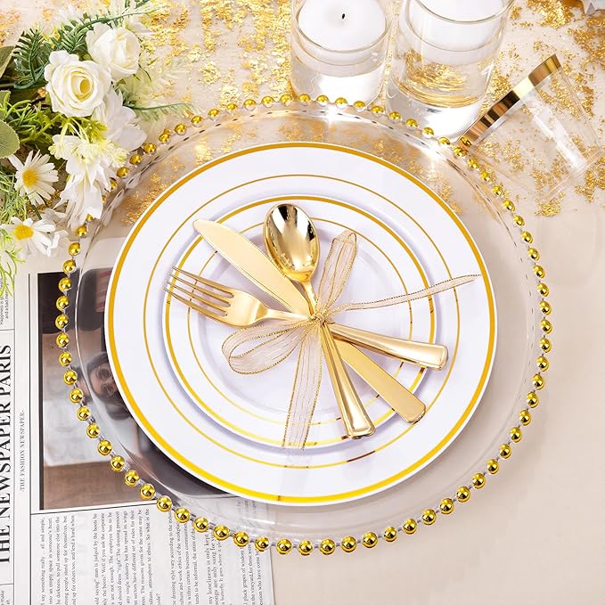 bUCLA 300PCS Gold Disposable Dinnerware Set - White and Gold Plastic Plates - Include 50 Each (Dinner&Dessert) Plates,50 Knives,50 Forks,50 Spoons,50 Cups for Party & Thanksgiving Table Decor