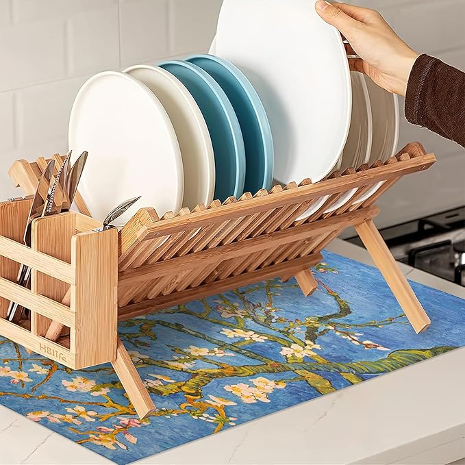 Almond Blossom Tree Dish Drying Mat for Kitchen Counter Decor,Flower Dish Drying Rack Pad Absorbent Reversible Microfiber for Coffee Tableware Sink Countertop 18x24 Inch