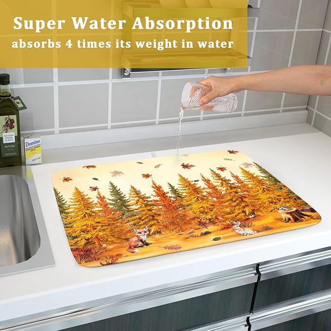 Autumn Forest Dish Drying Mat - Welcome Fall Fox Drying Pad for Counter Wildlife Dish Drainer Mat Cabin Animal Kitchen Accessories 18 X 24 Inch