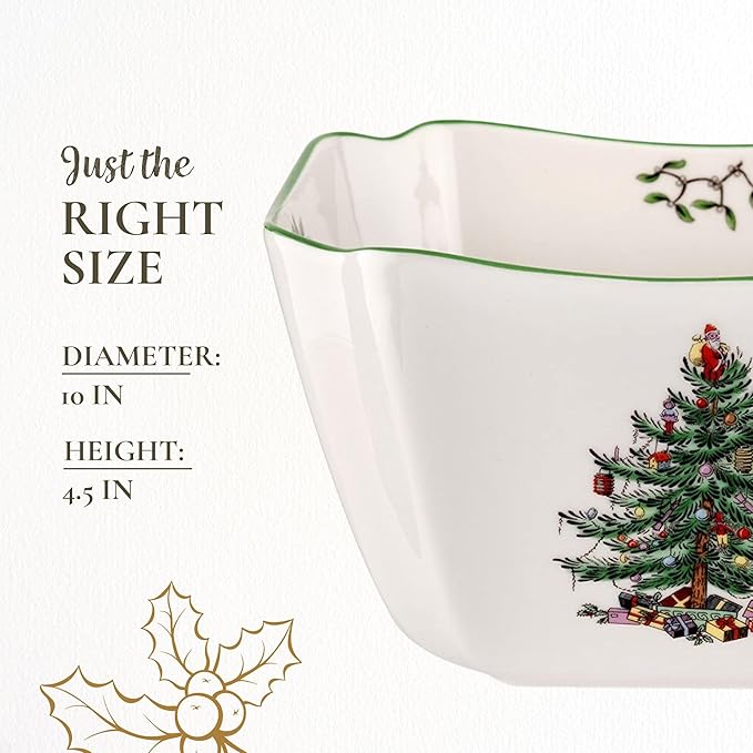 Spode Christmas Tree 10-Inch Square Serving Bowl - Durable Porcelain Bowl for Appetizers & Holiday Dishes - Iconic Christmas Design with Green Trim - Microwave & Dishwasher Safe for Festive Gatherings