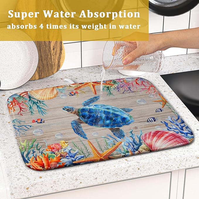 Sea Turtle Dish Drying Mat 16x18 inch Tropical Ocean Fast Dry Absorbent Microfiber Dishes Drainer Rack Pad for Countertop Bar Table Decor