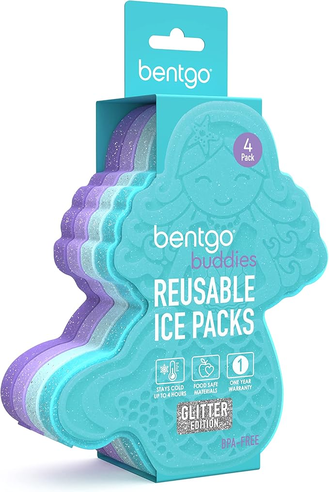 Bentgo Buddies Glitter Reusable Ice Packs - Slim Ice Packs for Lunch Boxes, Lunch Bags, and Coolers - Multicolored 4-Pack (Mermaid)