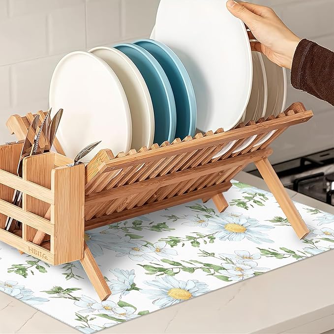 White Chamomile Flowers Dish Drying Rack Mats Decor, Dish Pad Drying Mat Kitchen Counter 18x24 Inch Absorbent Reversible Microfiber for Coffee Bar Sink Countertop