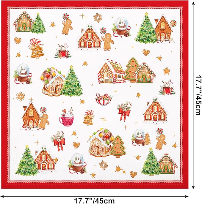 Christmas Napkins, 18×18 Inch Gingerbread Christmas Tree Dinner Cloth Napkins Set of 4, Washable Cotton Soft Absorbent Square Napkins for Dining Kitchen Party Wedding Decoration