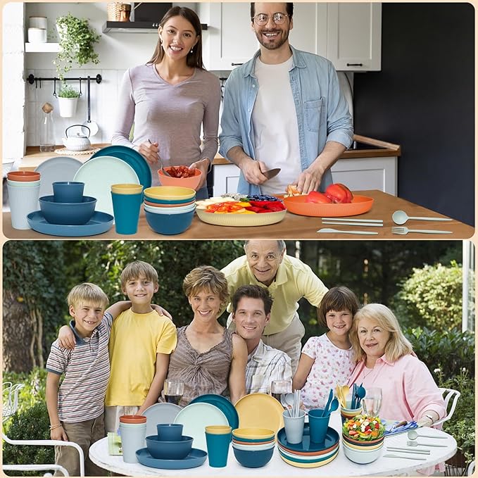 42Pcs Wheat Straw Dinnerware Sets, Unbreakable Plates and Bowls Sets, Eco Friendly Non Breakable Dinnerware, Dishwasher Microwave Safe Dinnerware