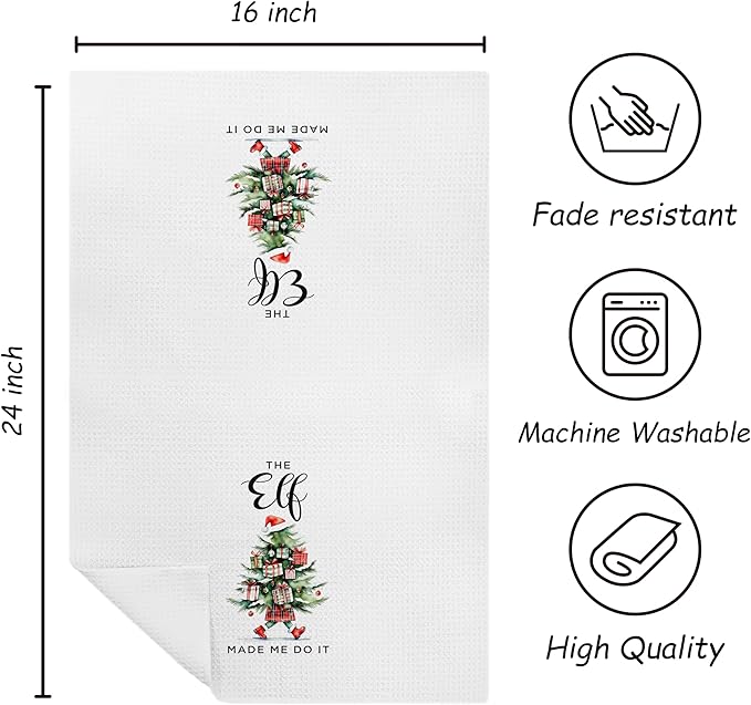 Christmas Tree Elf Kitchen Towels, Winter Xmas Tree Dish Tea Towels for Kitchen, Rustic Holiday Christmas Cute Elf Decorative Hand Towel for Bathroom, 16x24 Inch