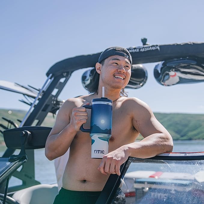 RTIC 40 oz Road Trip Tumbler Double-Walled Cermaic Lined Insulated Stainless Steel Portable Travel Coffee Mug Cup with Lid, Handle and Straw, Starry Night