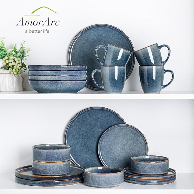 AmorArc Ceramic Dinnerware Sets, Handmade Reactive Glaze Stoneware Plates and Bowls Sets,Highly Chip and Crack Resistant | Dishwasher & Microwave Safe Dishes Set, Service for 6 (18pc)