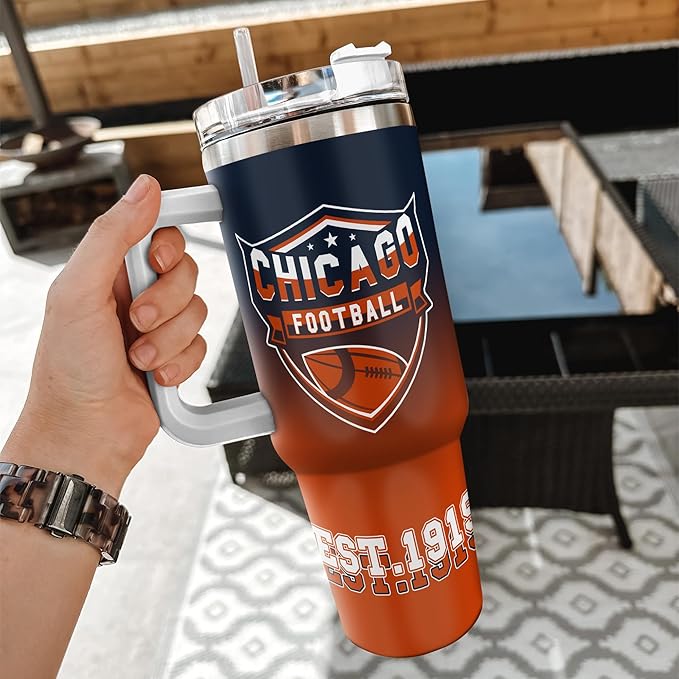 Personalized 40oz Football Stainless Steel Tumbler with Handle & Straw, Custom Insulated Travel Mug, Add Name & Number Cup, Coffee Gift for Sports Fans (Chicago-01)