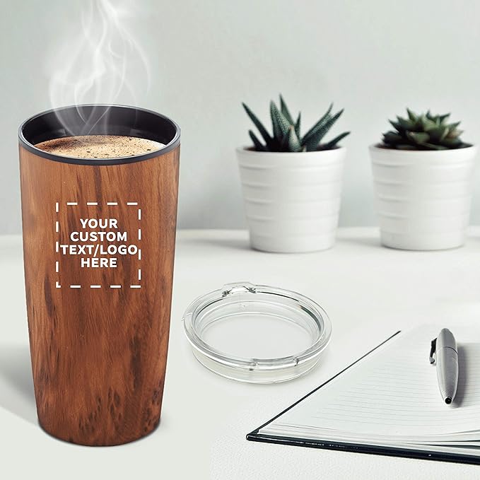 DISCOUNT PROMOS Custom Plastic Tumblers 20 oz. Set of 1, Personalized Bulk Pack - With lids, Ice Coffee Tumbler, To Go Cup, Insulated - Wood