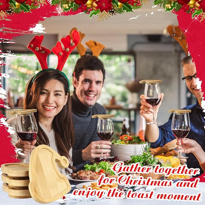 Roshtia 6 Pcs Wine Glass Charcuterie Topper, Christmas Wine Glass Charcuterie Topper, Funny Wood Appetizer Plates, Mini Santa Serving Trays for Outdoor Party Housewarming Gifts (Santa Hat)