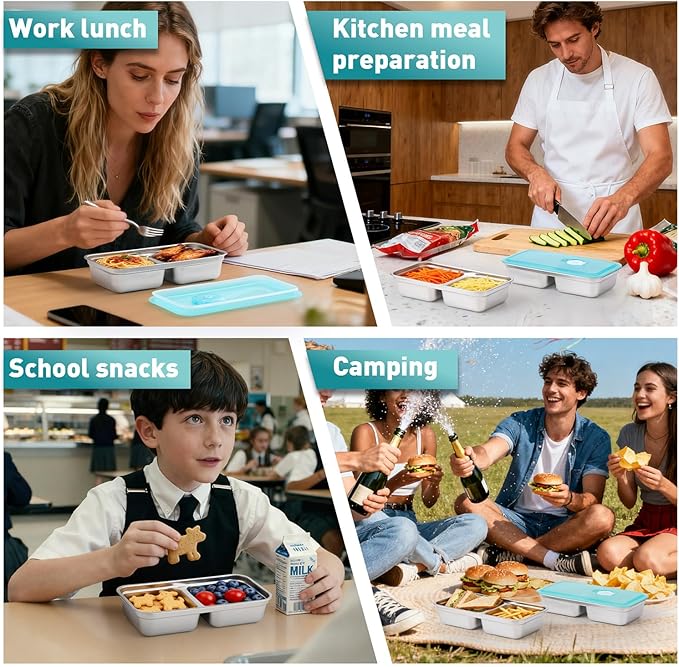 Stainless Steel Snack Containers,Reusable 2 Compartment Stainless Snack Containers with Lids,Stainless Steel Food Storage Containers,Metal Snack Lunch Meal Prep Containers,Bento Box 2 Pack