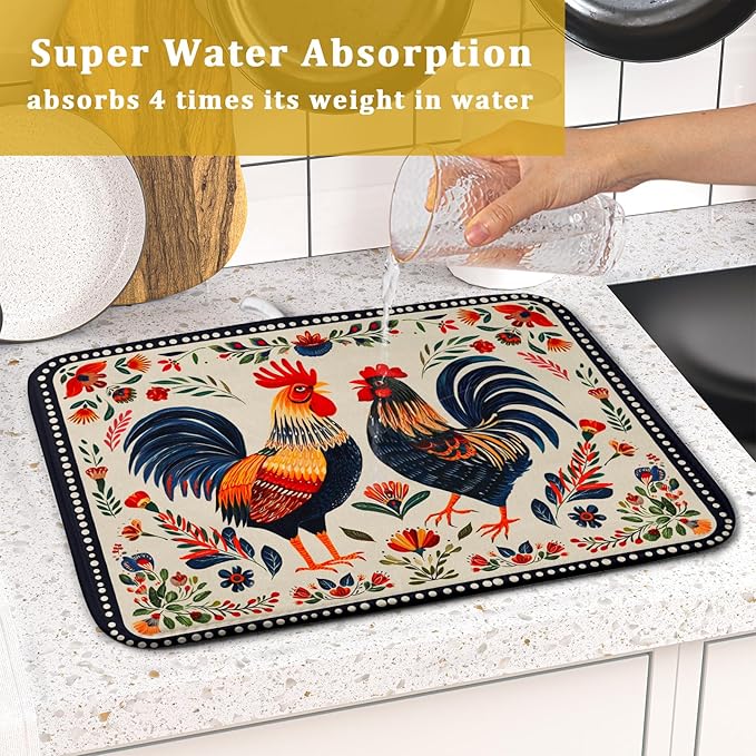 Roosters Chicken Dish Drying Mat for Kitchen Counter Absorbent Microfiber Drying Pad 16 x18 In