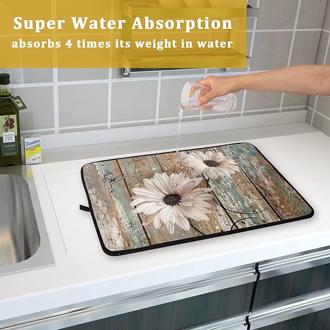 Rustic Daisy Board Dish Drying Mat for Kitchen Countertop 18x24 inch Fall Sunflower on Wooden Plank Dish Drainer Mats Fast Drying Country Shabby Chic Flower Dish Pad Vintage Kitchen Drying Decor Large