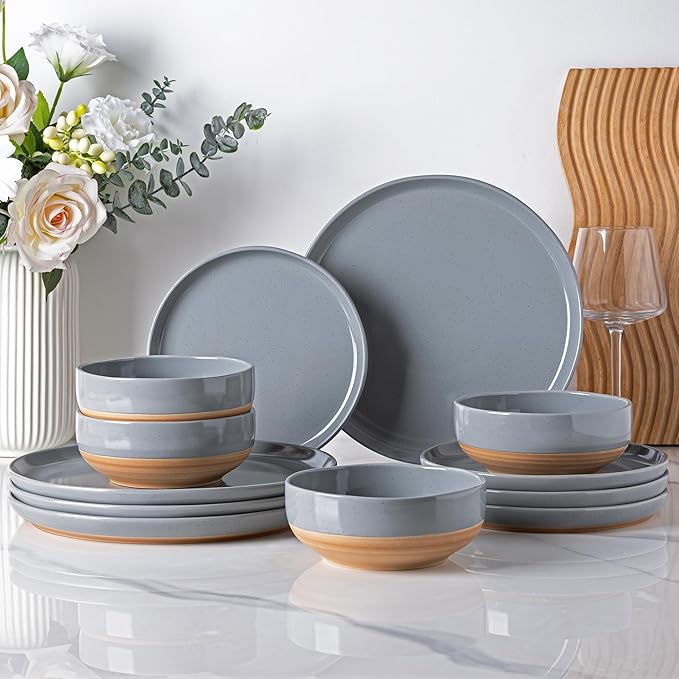 AmorArc Ceramic Dinnerware Sets for 8, 24 Pieces Handpainted Plates and Bowls Set with Rustic Terracotta Underside, Scratch Resistant Stoneware Dishes Set, Dishwasher & Microwave Safe