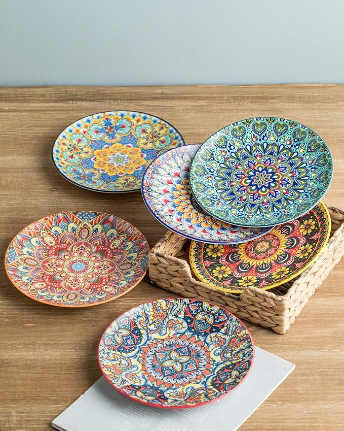 Salad Plate Set of 6, 8.5 Inch Dinner Plates for Salad, Pasta, Dessert,Steak, Appetizers Colorful Bohemian Style Dishes for Kitchen