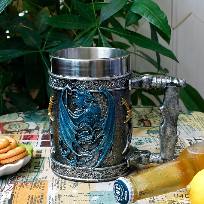 alikiki Medieval Large Beer Tankard Blue Dragon DnD Game Mug of Throne Stainless Coffee Cup Dungeons and Dragons Gifts for Men Women Dragon Collector Themed Party Decorations 21oz
