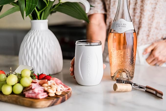 Vinglacé Stainless Steel Stemless Wine Glass- Insulated Wine Tumbler with Glass Insert and Sip Lid, 10 oz, White