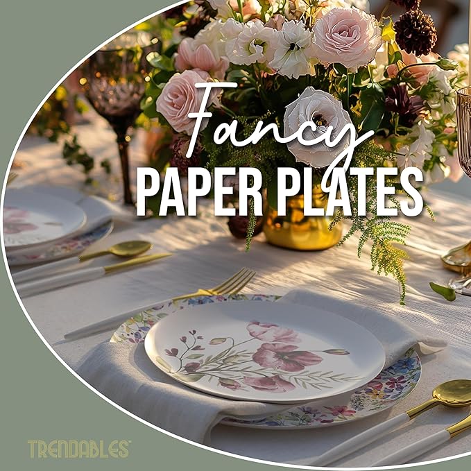 Trendables Heavy Duty Paper Plates Set For 16 Guests - 16 Each Of 8-inch And 10-inch Disposable Plates For Party - Fancy 32 Piece Dinnerware Set For All Occasions | Floral Design, Provincial