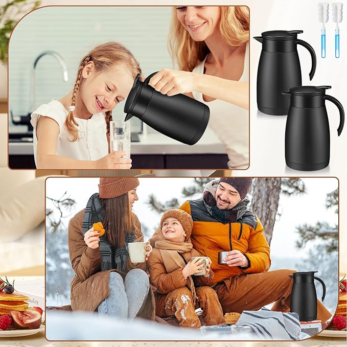 Uiifan 2 Pcs Thermal Coffee Carafe Insulated Stainless Steel Coffee Carafes for Keeping Hot and Cold Double Walled Vacuum Thermal Pot Flask with Brush for Water Milk Tea Home and Office(Black,25oz)