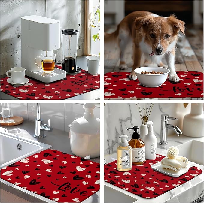 Valentines Day Dish Drying Mat Red Black Love Heart Valentine Kitchen Dish Drying Pad Absorbent Dish Dryer Mat for Kitchen Countertops Microfiber Dishes Drainer Pad Dish Drying Rack Mat (18x24 in)