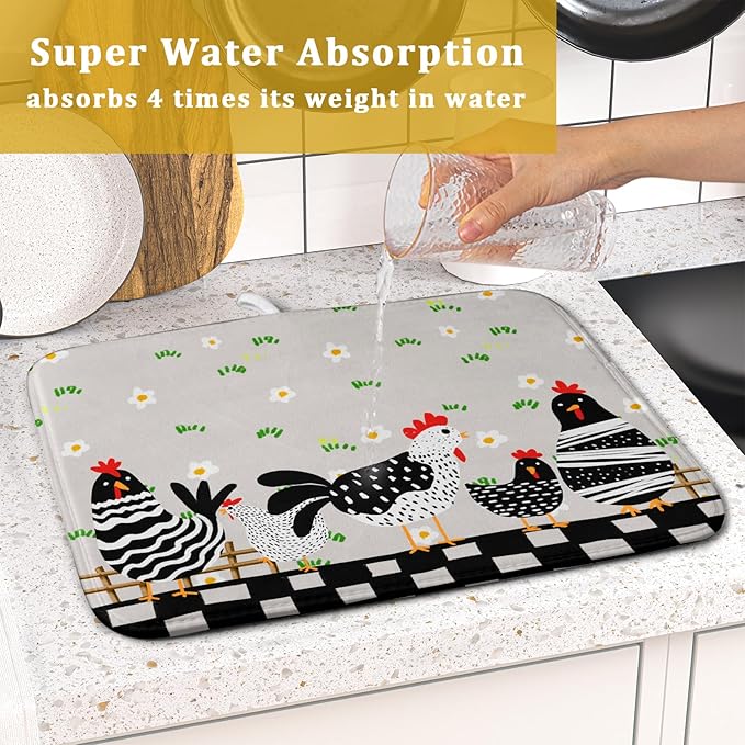 Black Rooster Dish Drying Mat for Countertop 16x18 Inches Buffalo Plaid Microfiber Drainer Rack Pads Fast Dry Dishes Mats Kitchen Accessories