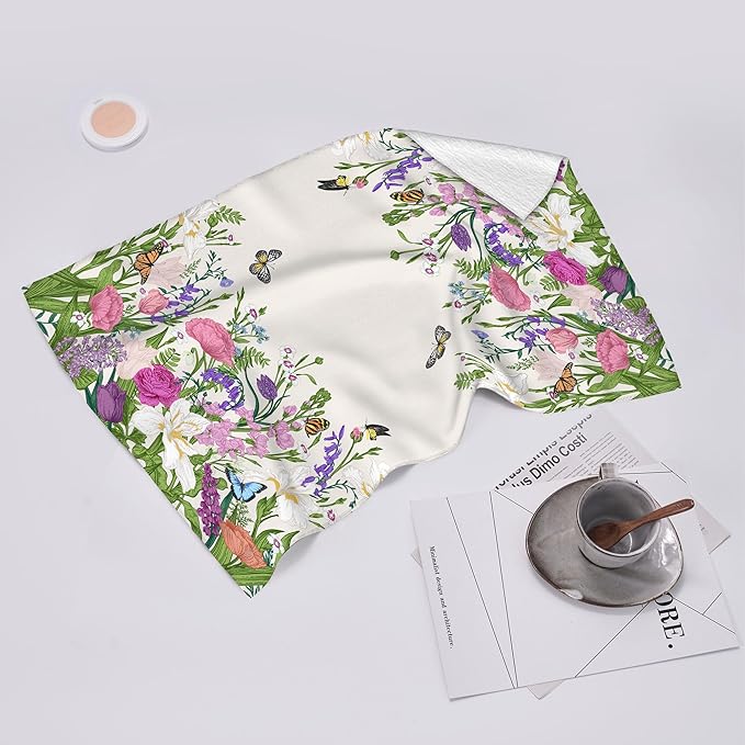 Pink Flowers Decorative Kitchen Towels Floral Dish Towels Absorbent Cute Botanic Dish Cloths Set Spring Summer Tea Hand Towels for Kitchen Farmhouse Holiday Home Decor (2 Pack, 16"x24")