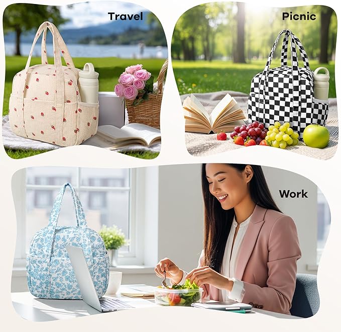 Yarnic Lunch Bag Women Men Insulated, Large Corduroy Lunch Box for Work with Bottle Pockets, Stylish Reusable Cooler Tote for Adults Teachers Picnic Hiking (Small Strawberry)