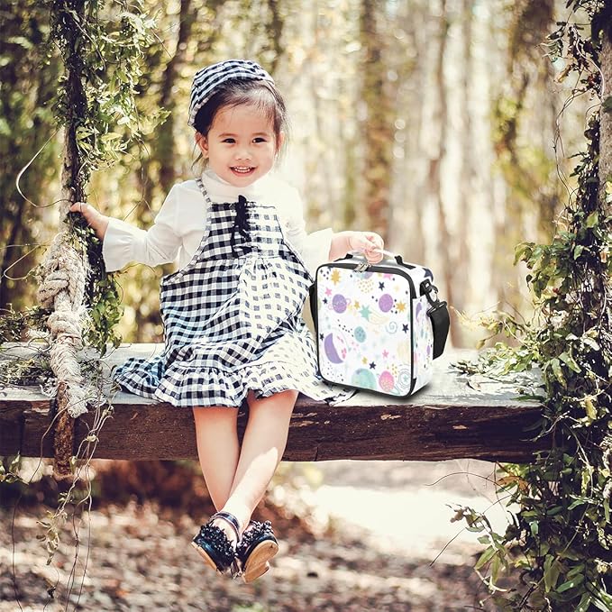 Space Lunch Box for Kids, Cartoon Space Planet Lunch Bag for Boys Girls, Reusable Insulated Waterproof Lunch Box with Adjustable Shoulder Strap Thermal Cooler Tote Bag for School Daycare Picnic