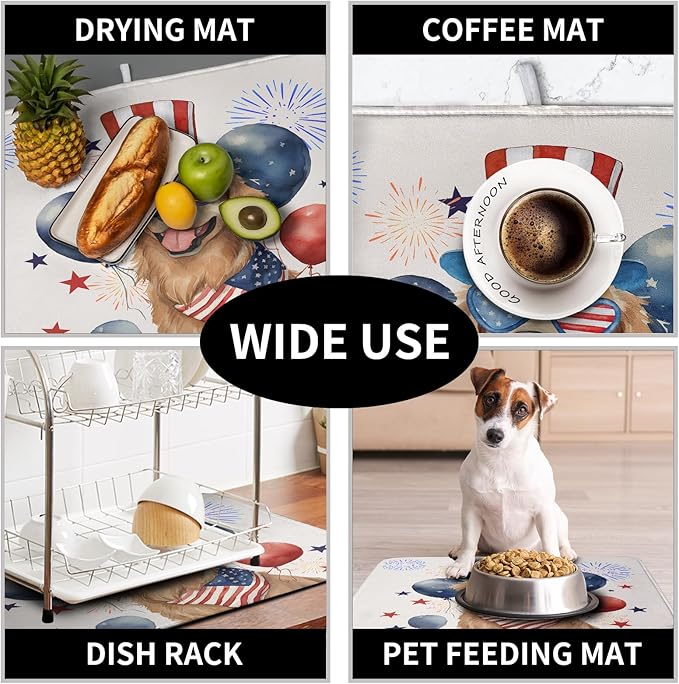 4th of July Patriotic Dog Dish Drying Mat 16 x 18 Inch US Independence Day Blue White Red Kitchen Drying Mat Firework Holiday Dish Drainer Mats Super Absorbent Dish Rack Pad for Kitchen Counter