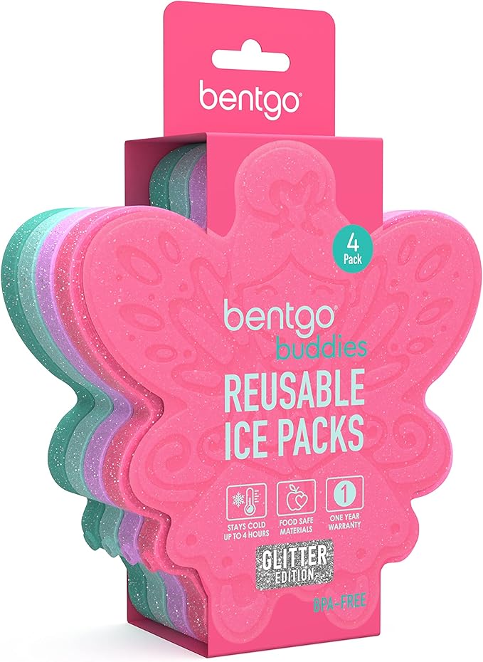 Bentgo Buddies Glitter Reusable Ice Packs - Slim Ice Packs for Lunch Boxes, Lunch Bags, and Coolers - Multicolored 4-Pack (Fairy)